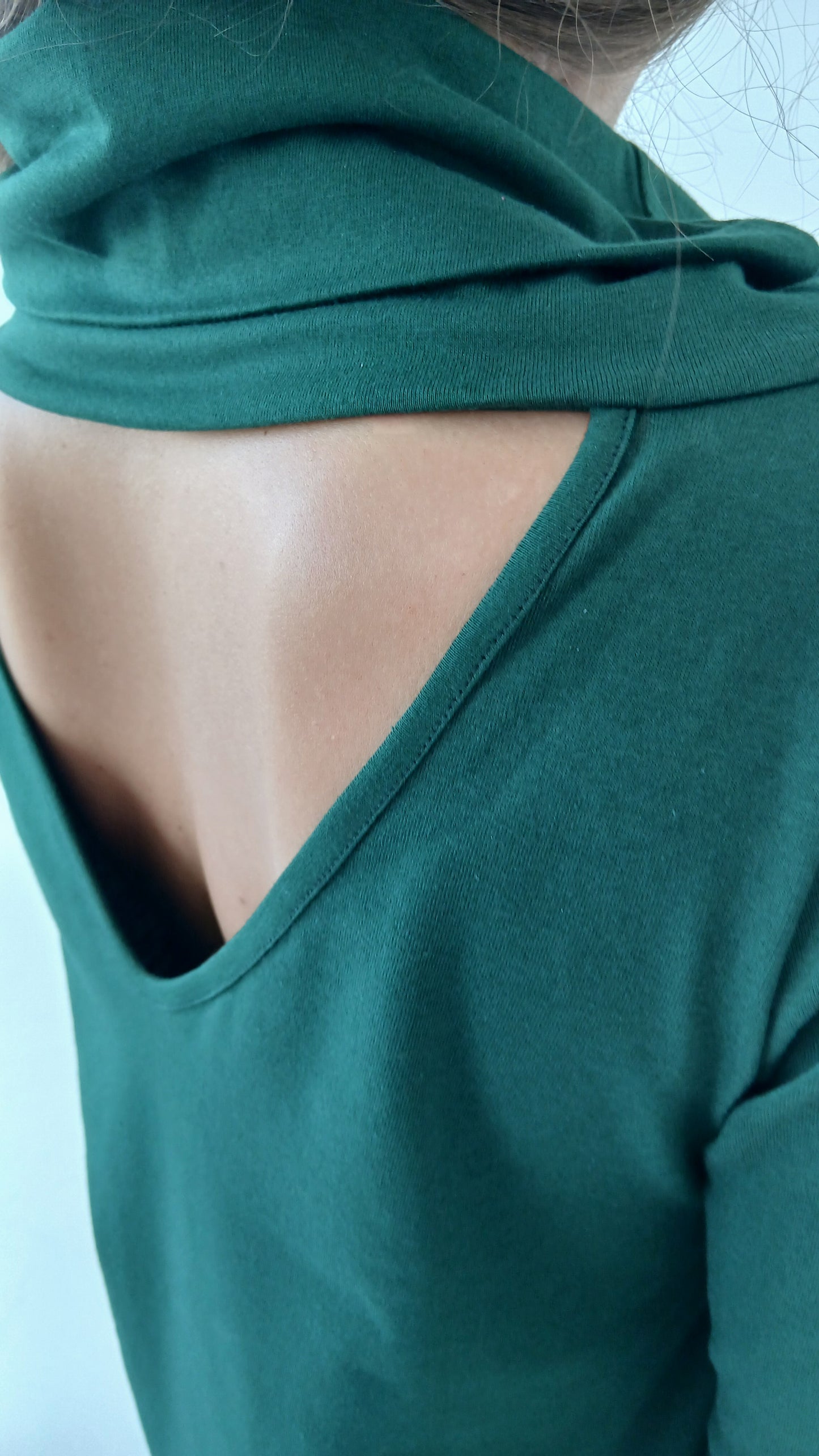 Žemyna - Dark Green Cotton Long-Sleeve Dress with Turtle Neck & Open Back