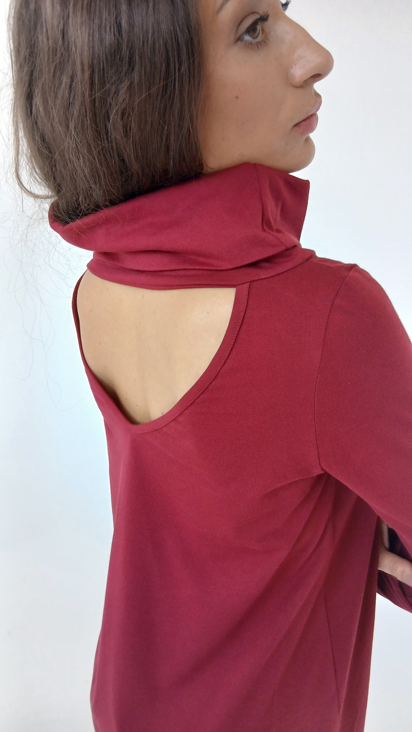 Gabija - Dark Red Cotton Long-Sleeve Dress with Turtle Neck & Open Back