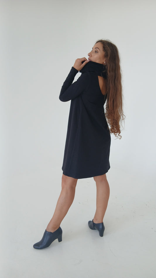 Laima - Black Cotton Long-Sleeve Dress with Turtle Neck & Open Back