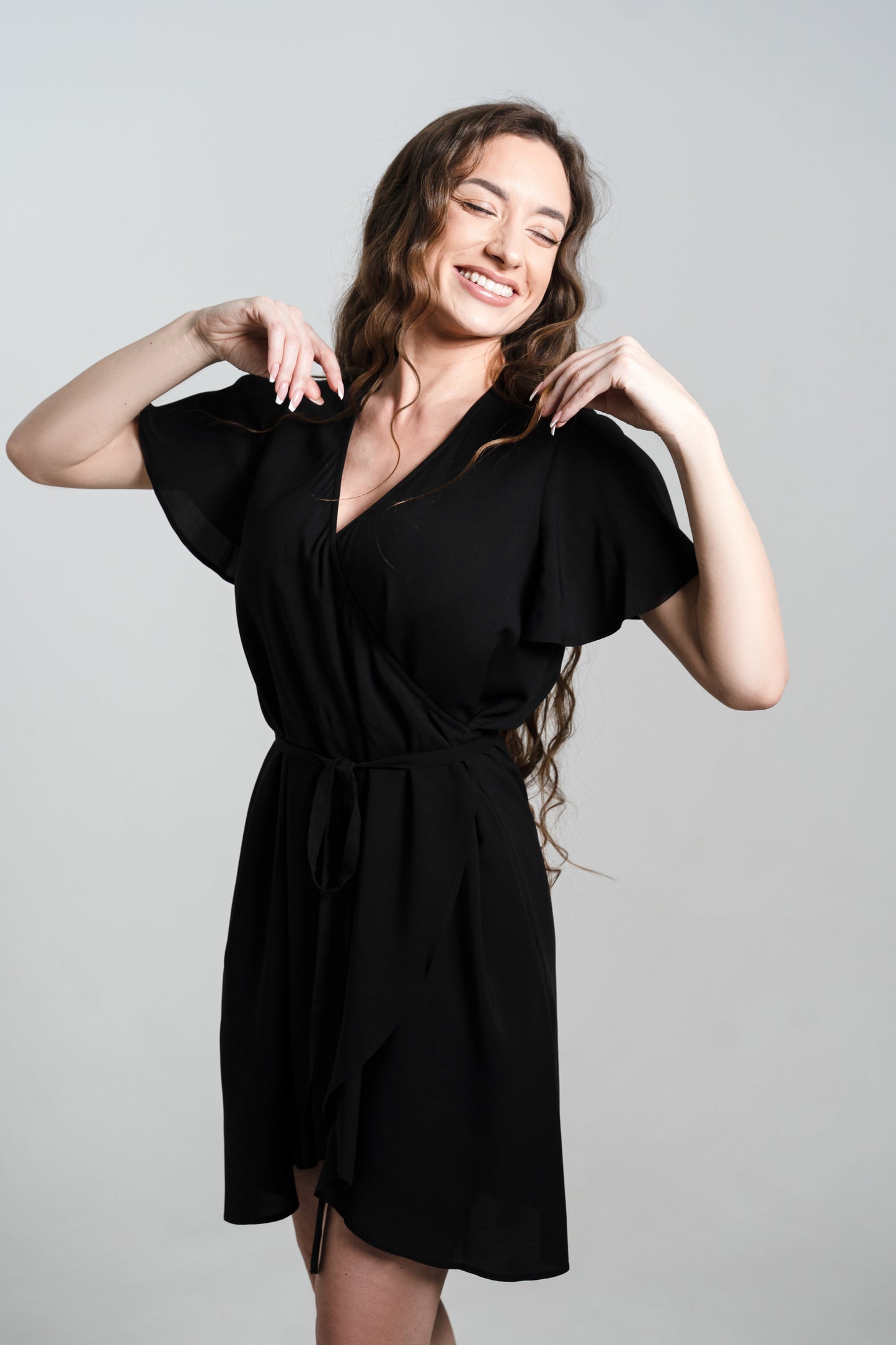 LUNA Bamboo Dress – Black | Flutter Sleeve, Optional Tie Belt, Pockets