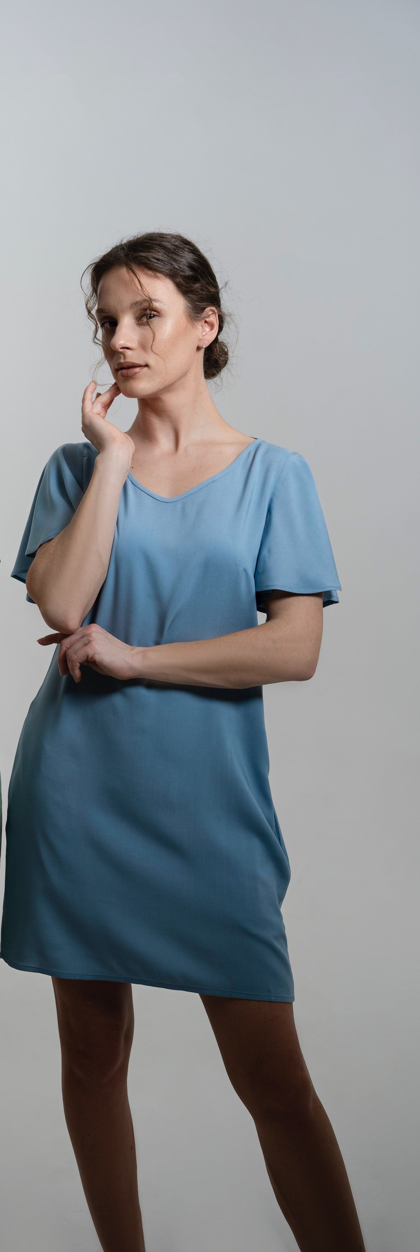 CLARA Bamboo Dress – Light Blue | Flutter Sleeve, Open Back, Pockets