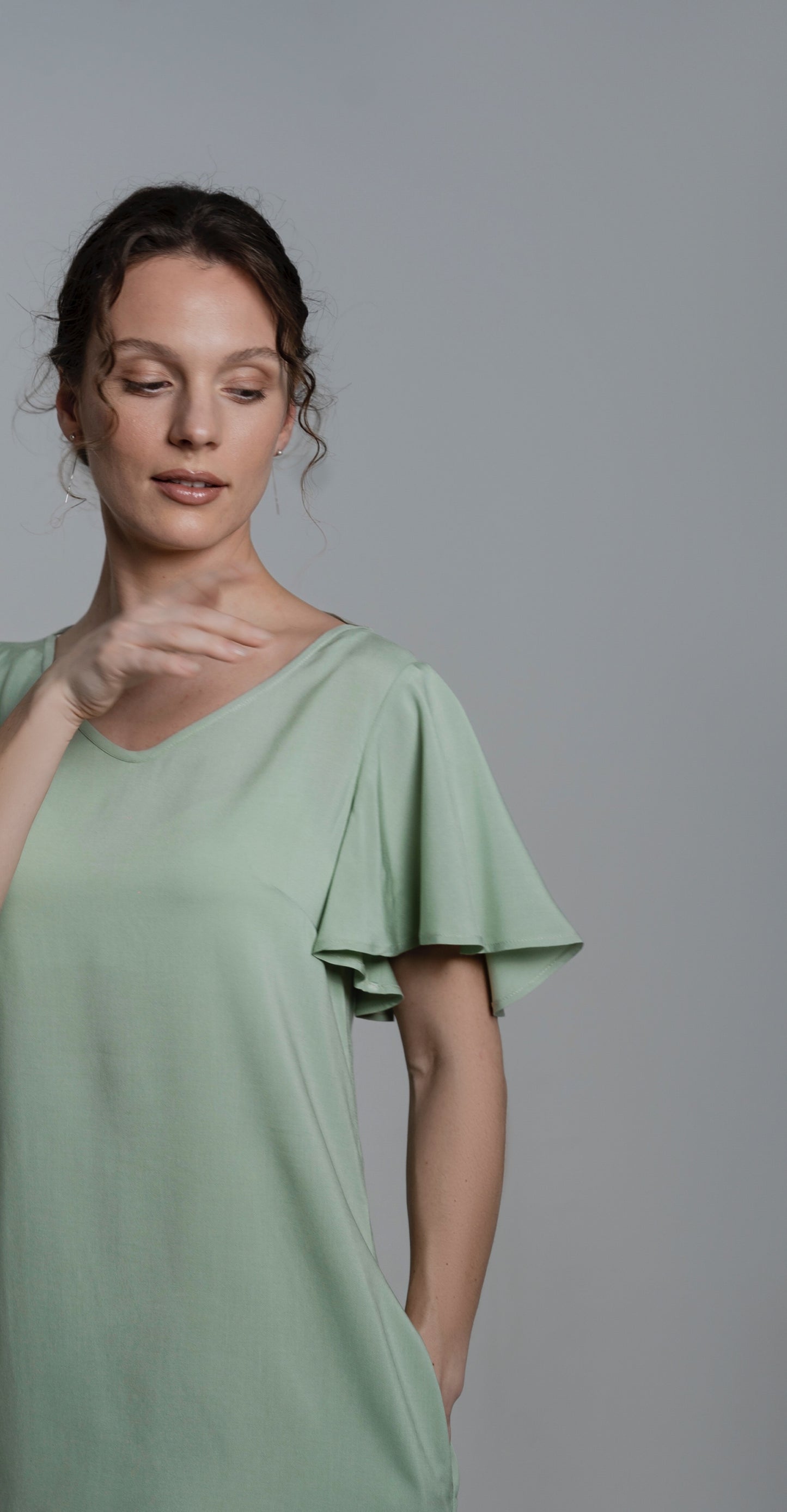 CLARA Bamboo Dress – Fresh Mint | Flutter Sleeve, Open Back, Pockets