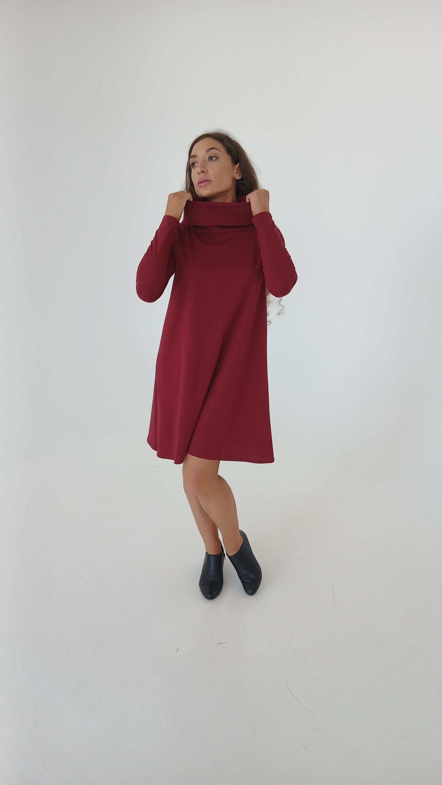 Gabija - Dark Red Cotton Long-Sleeve Dress with Turtle Neck & Open Back
