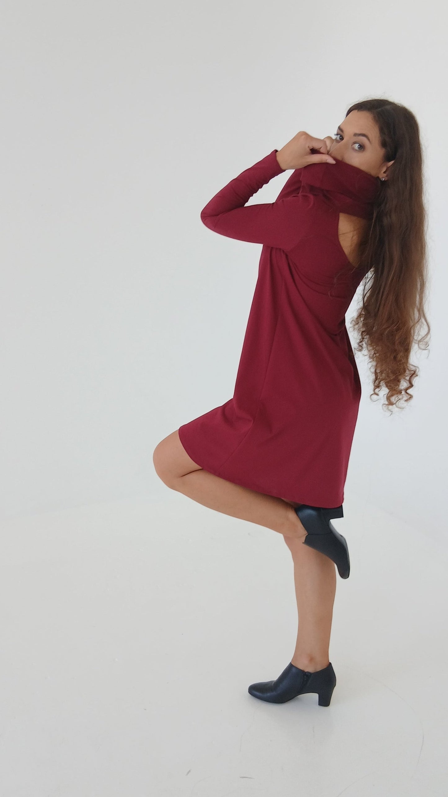 Gabija - Dark Red Cotton Long-Sleeve Dress with Turtle Neck & Open Back