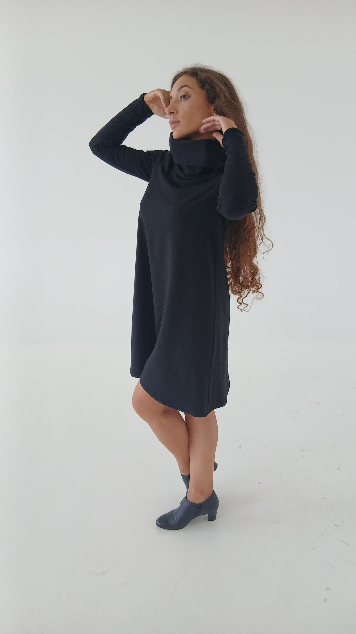 Laima - Black Cotton Long-Sleeve Dress with Turtle Neck & Open Back