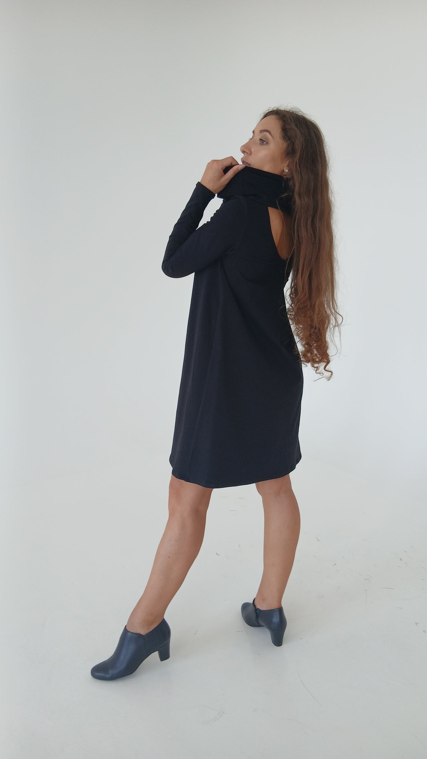 Laima - Black Cotton Long-Sleeve Dress with Turtle Neck & Open Back