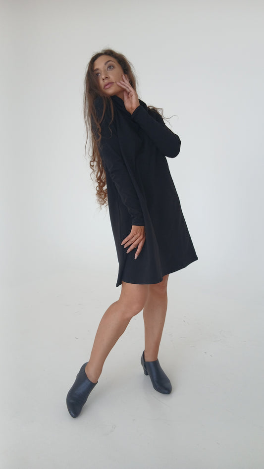 Laima - Black Cotton Long-Sleeve Dress with Turtle Neck & Open Back
