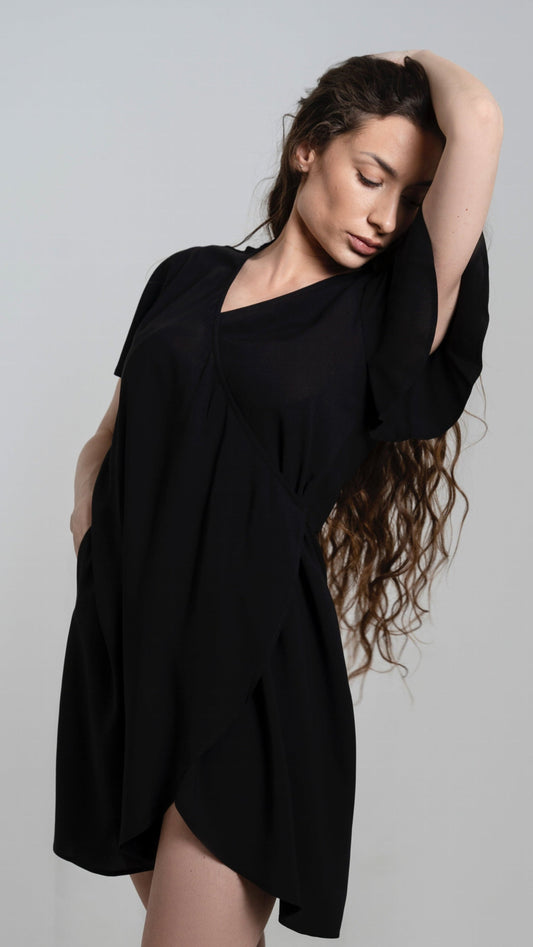 LUNA Bamboo Dress – Black | Flutter Sleeve, Optional Tie Belt, Pockets