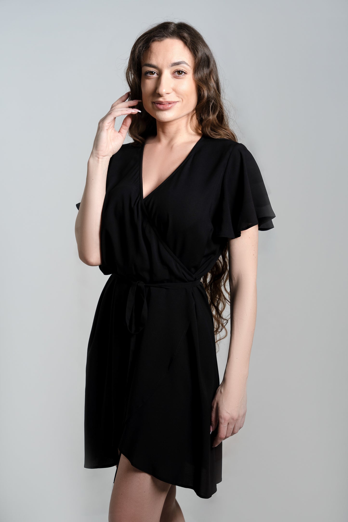 LUNA Bamboo Dress – Black | Flutter Sleeve, Optional Tie Belt, Pockets