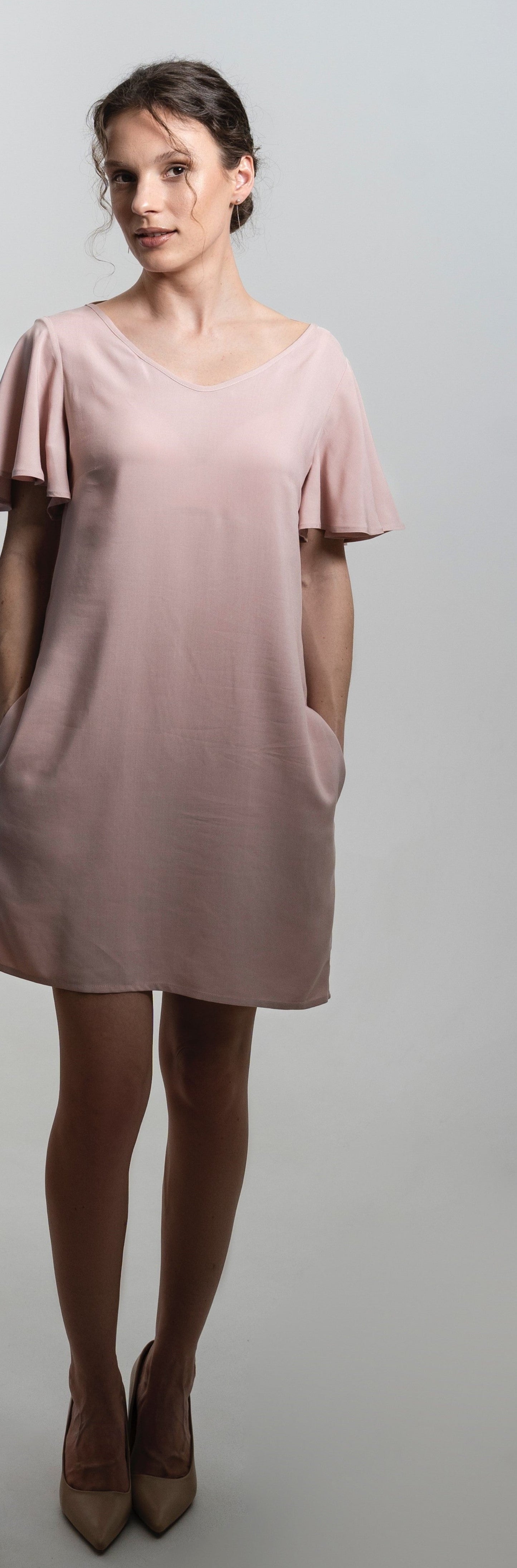 CLARA Bamboo Dress – Soft Pink | Flutter Sleeve, Open Back, Pockets
