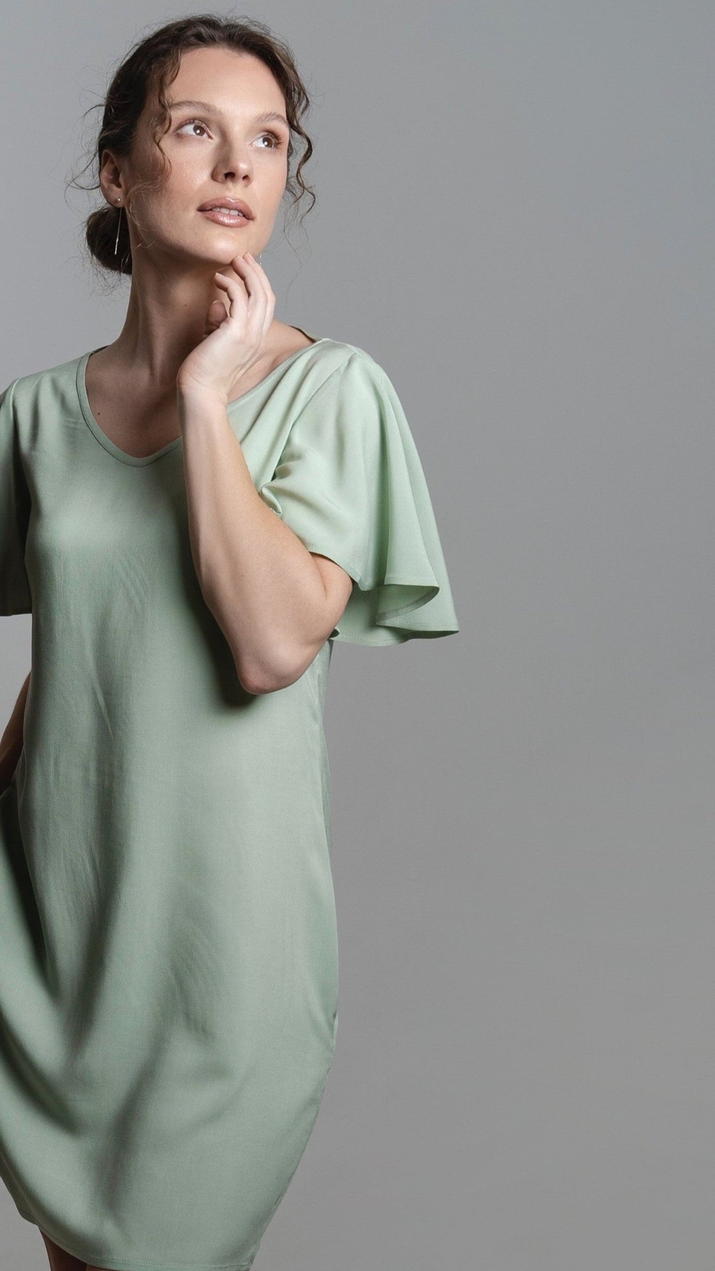 CLARA Bamboo Dress – Fresh Mint | Flutter Sleeve, Open Back, Pockets