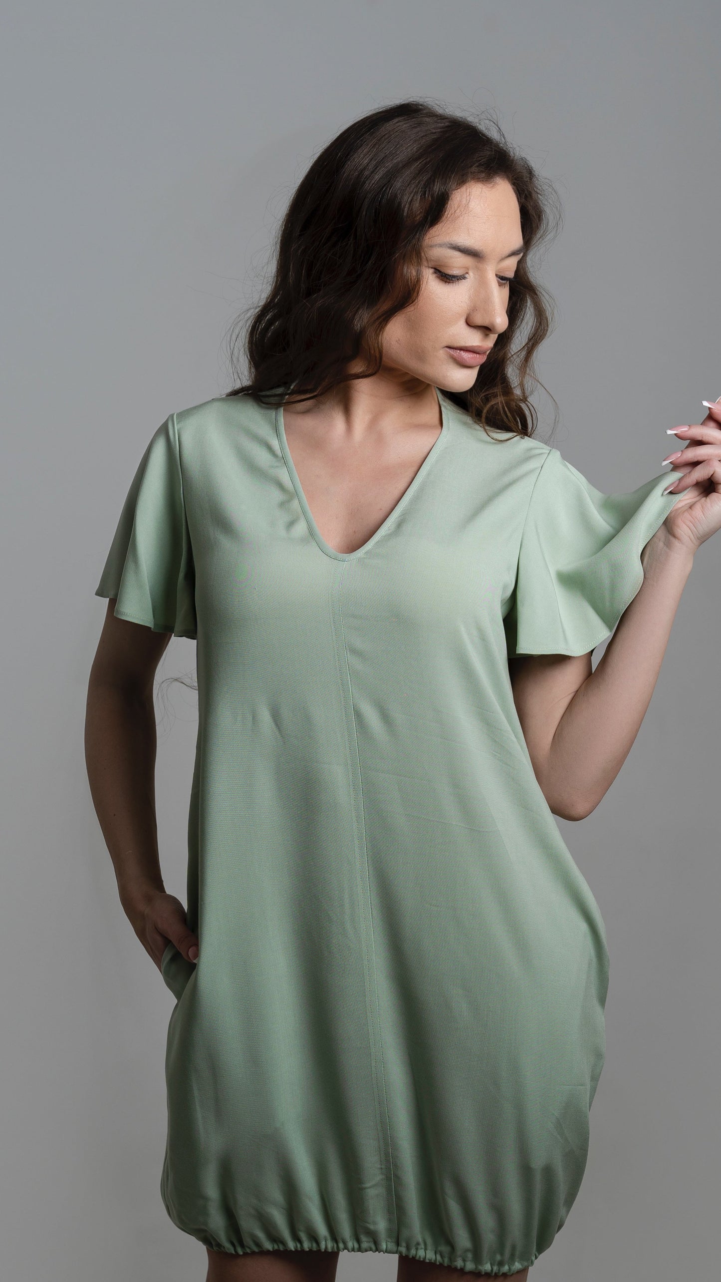 LILLY Bamboo Dress – Fresh Mint | Flutter Sleeve, V-neckline, Pockets