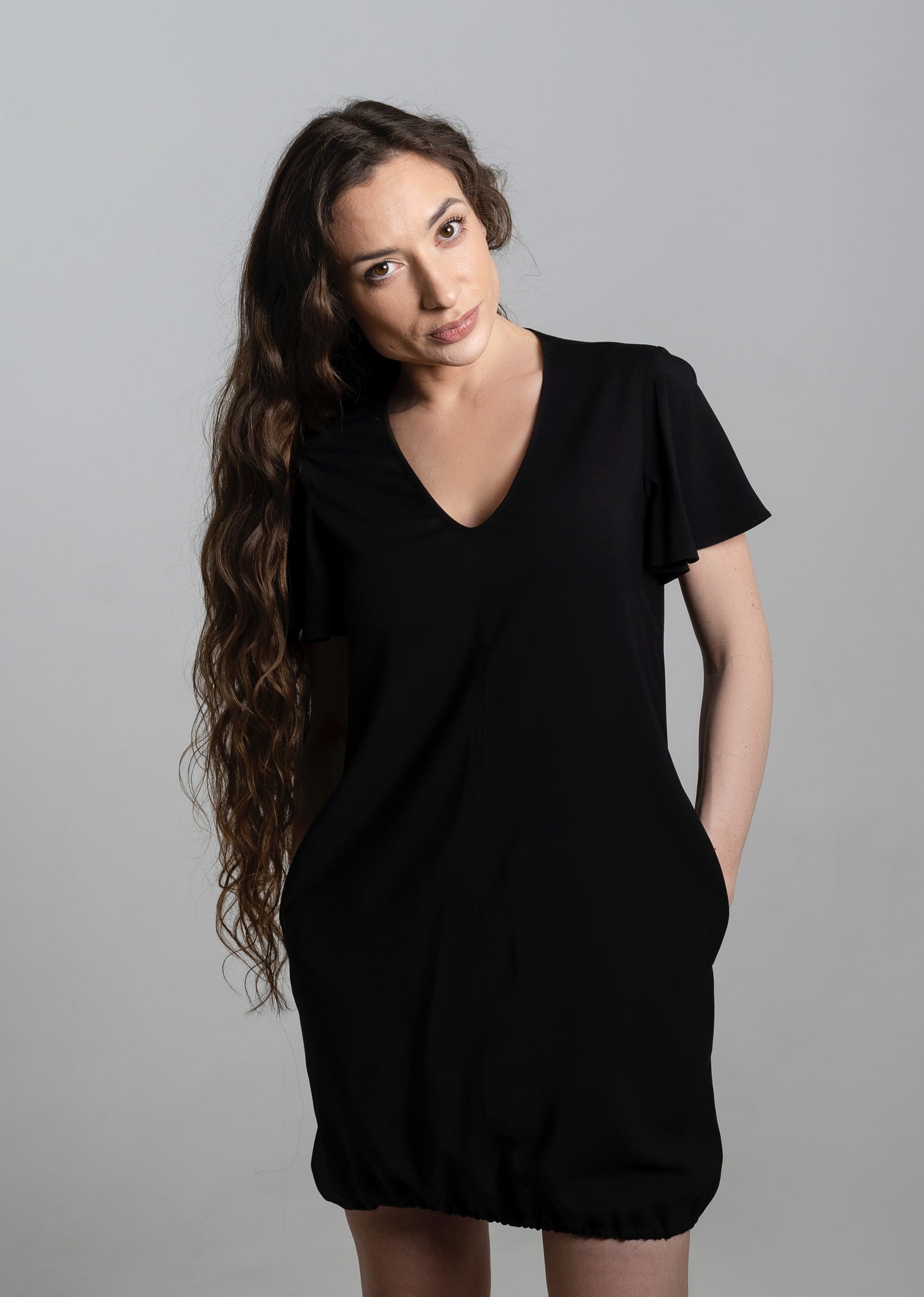 LILLY Bamboo Dress – Black | Flutter Sleeve, V-neckline, Pockets