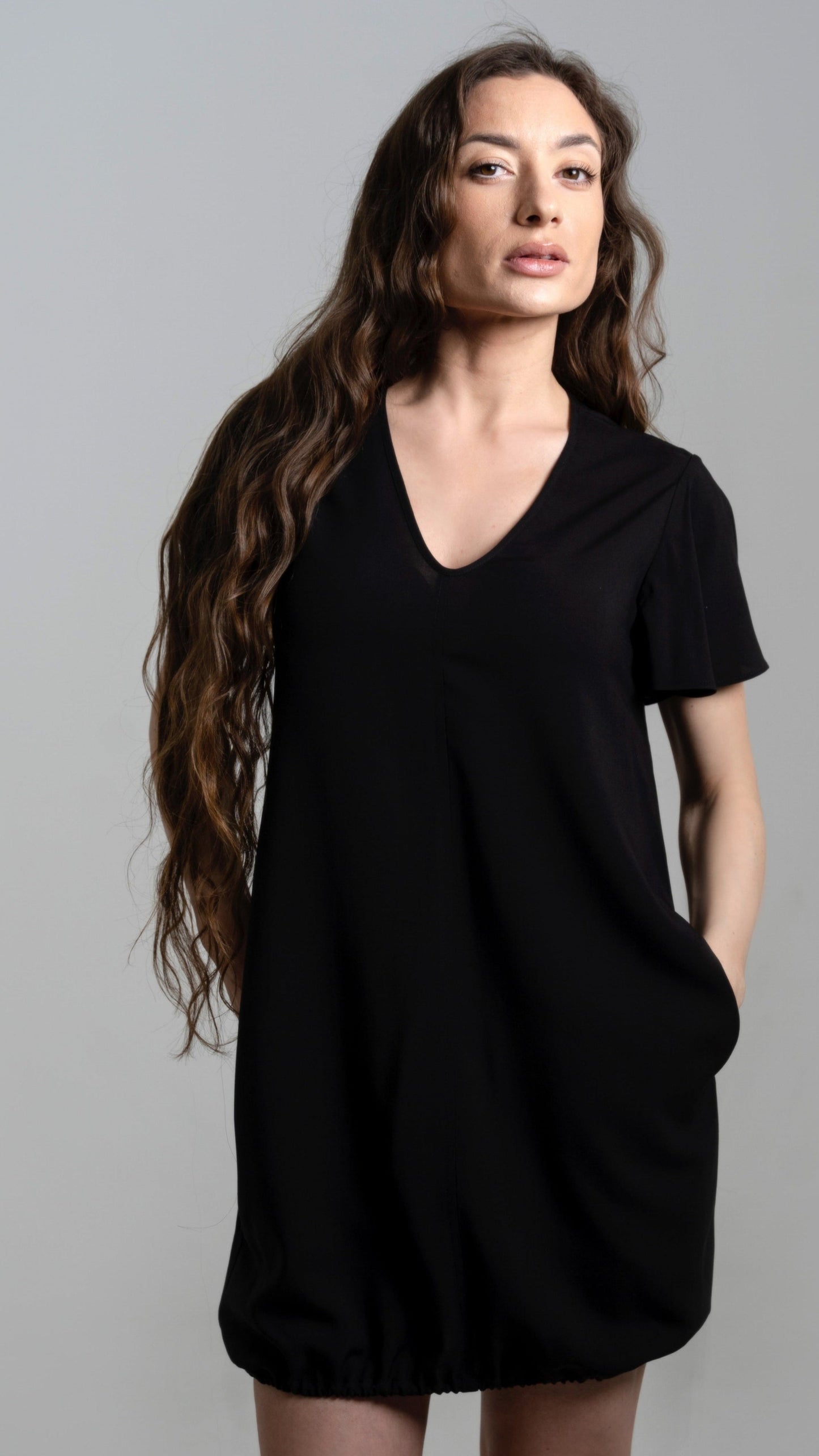 LILLY Bamboo Dress – Black | Flutter Sleeve, V-neckline, Pockets